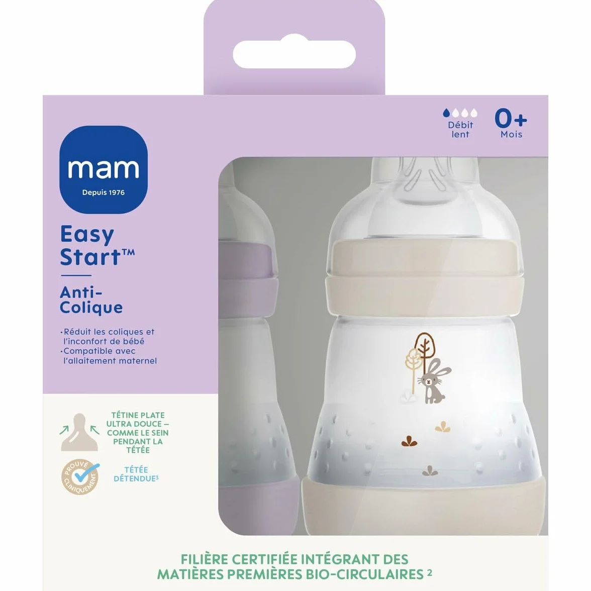 mam - Easy Start Butelka antykolkowa 0+ miesiące powolny przepływ (2 x 160 ml) Bzu + Piasek - Butelka dla niemowląt zmniejszająca kolkę i dyskomfort - Butelka dla niemowląt kompatybilna z karmieniem