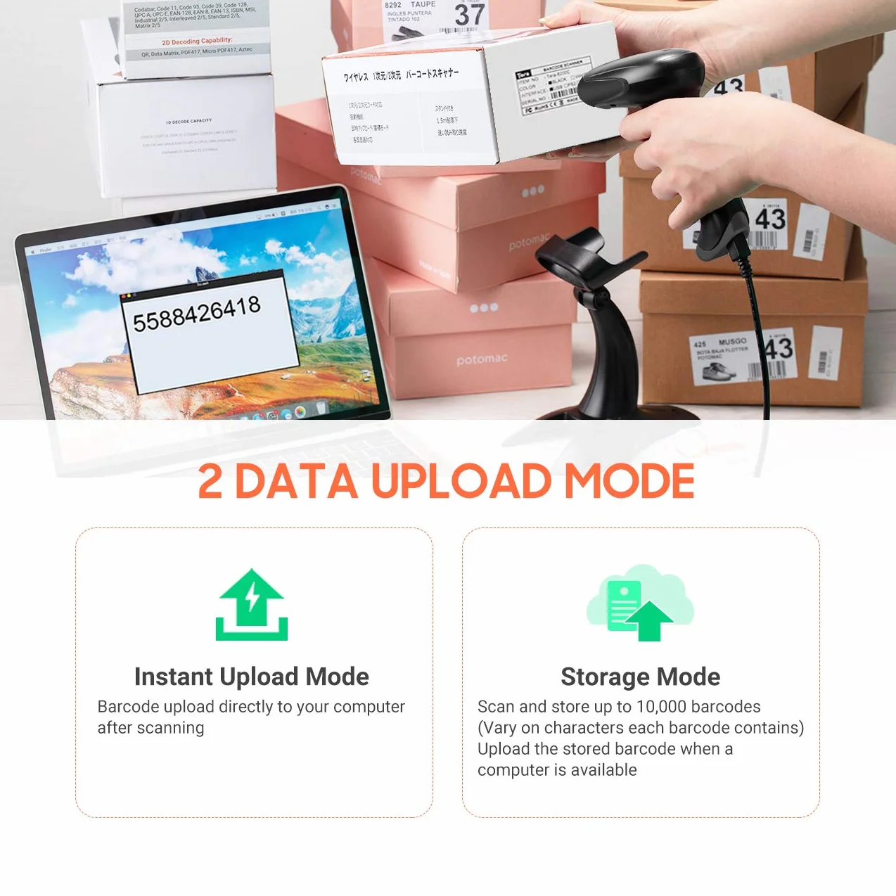 Tera Skaner kodów kreskowych bezprzewodowy: 2D 1D 3 w 1 bezprzewodowy skaner kodów kreskowych 2,4 GHz USB przewodowy skaner kodów kreskowych z akumulatorem 2000 mAh, kabel 2 m, super stabilny stojak