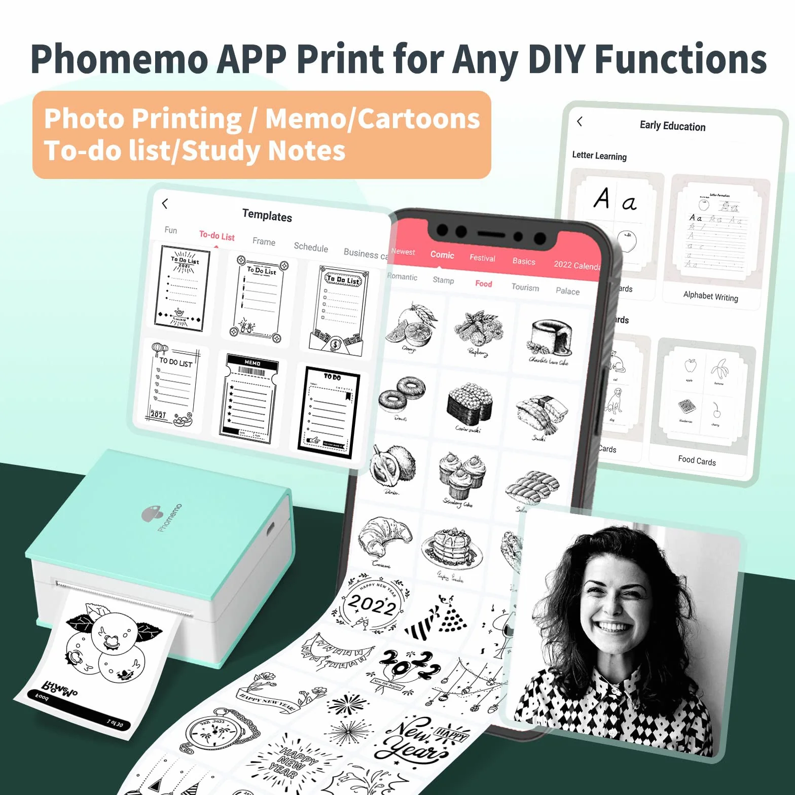 Phomemo Pocket Printer M02 Mini Drukarka do Naklejek, Termiczna Drukarka do Zdjęć Natychmiastowych, Mała Bezprzewodowa Drukarka do Zdjęć Bluetooth, Zielona
