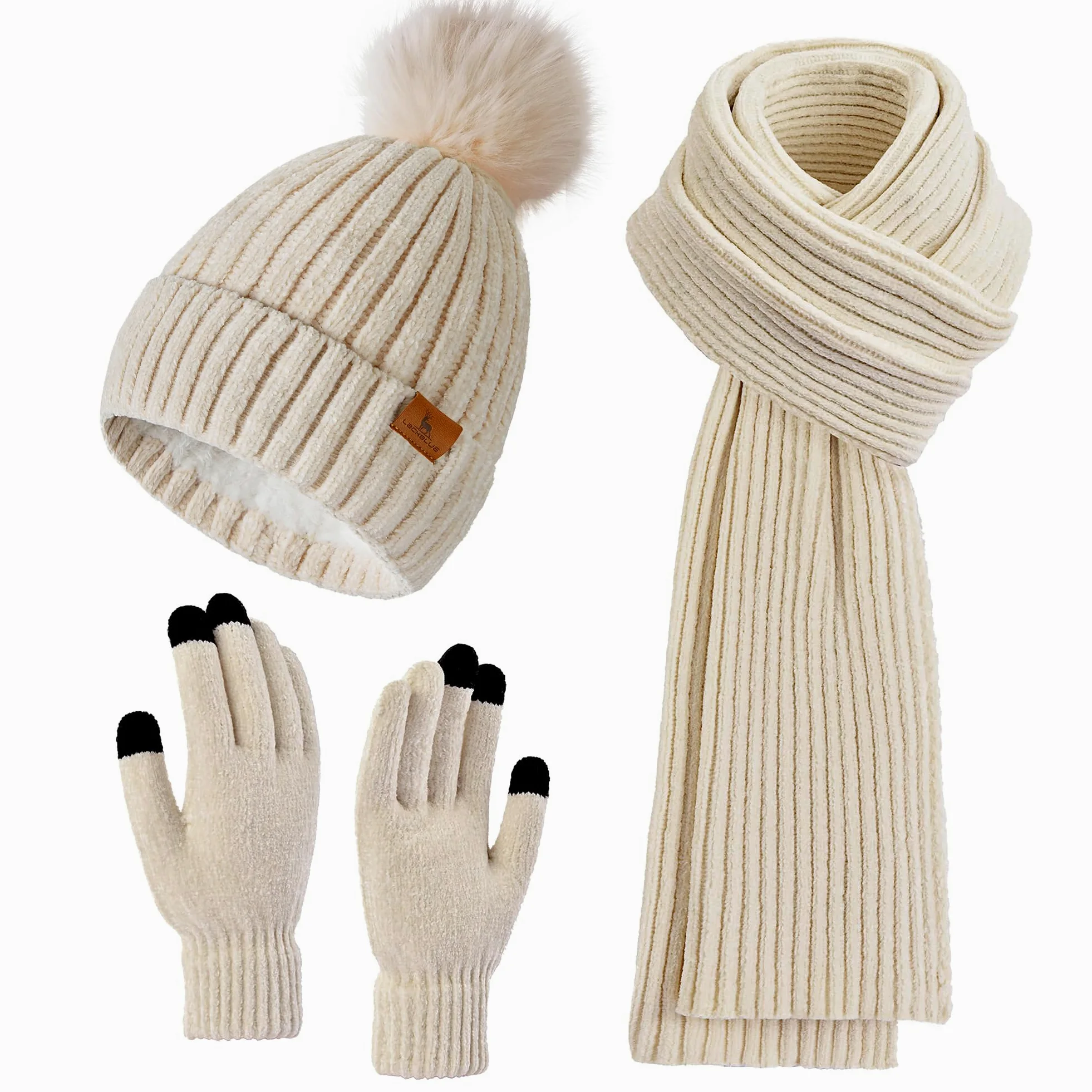 LackBlue Damska zimowa czapka beanie szalik rękawiczki do ekranu dotykowego zestaw dzianinowe ciepłe czapki z czaszką długie szaliki na szyję dla kobiet mężczyzn
