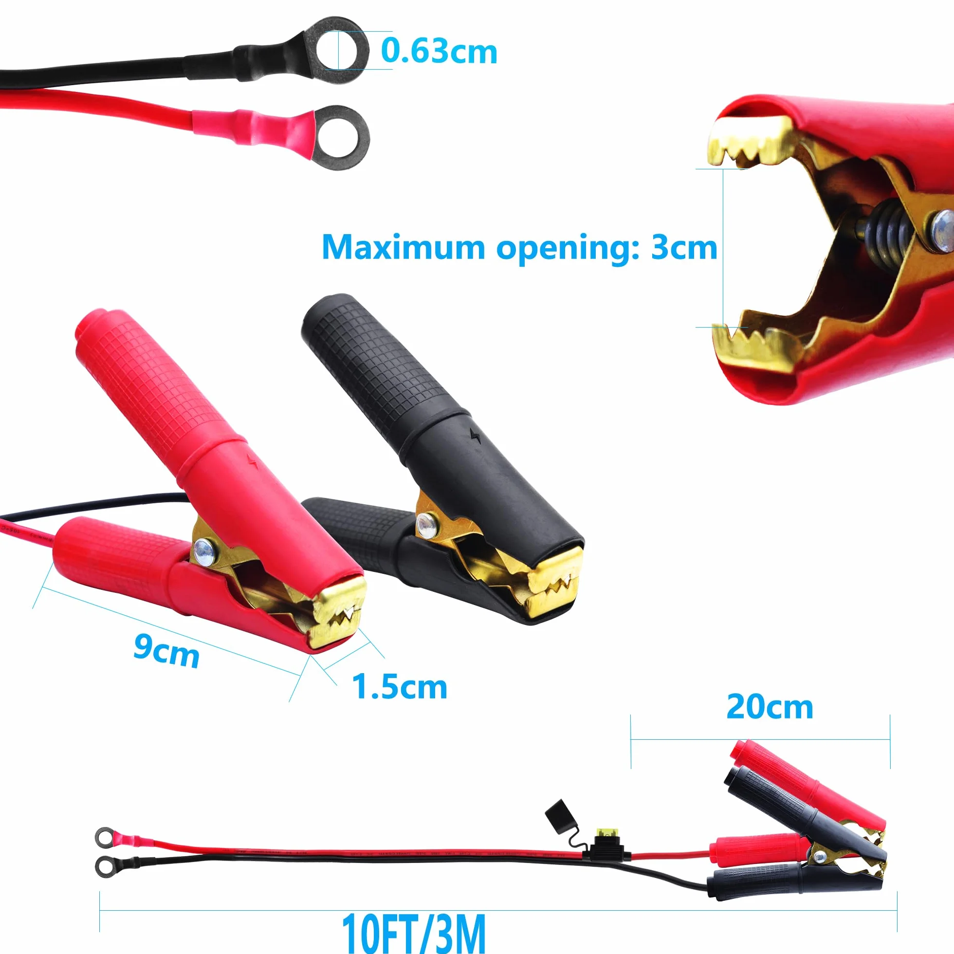Alligator Clip to O-Ring Terminal kabel z bezpiecznikiem 20 A, 14 AWG 12 V-24 V O Ring Terminal na akumulatorze, zaciski krokodylkowe, kabel do akumulatora samochodowego, falownika (3 m)